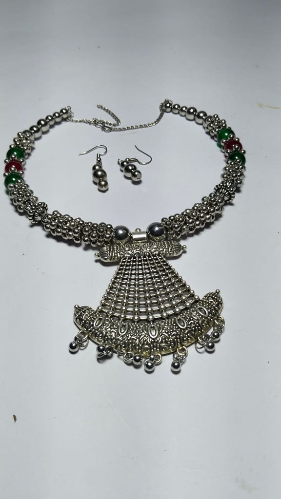 Oxidized German Silver Choker Necklace Set with Green Beads