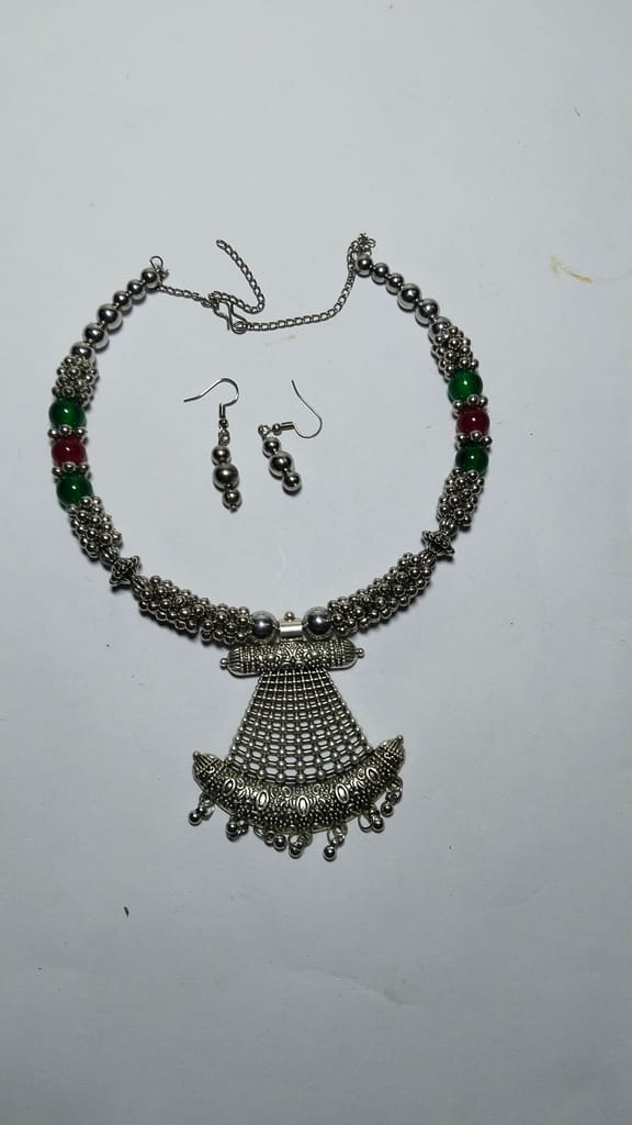 Oxidized German Silver Choker Necklace Set with Green Beads