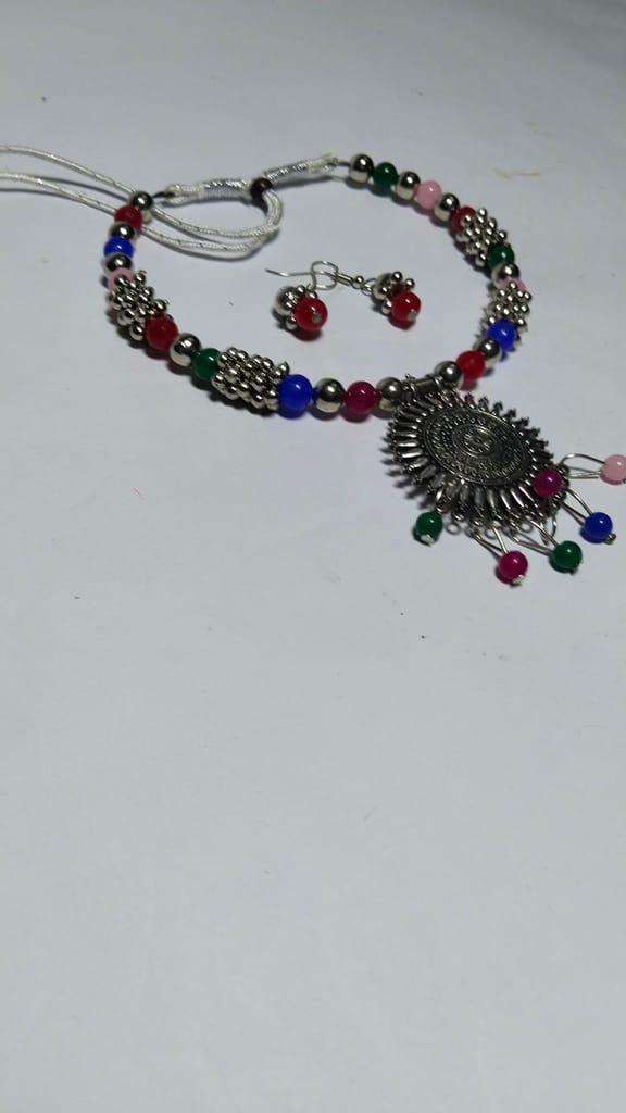 Oxidized Silver Afghani Necklace Set With Beads