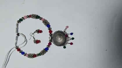 Oxidized Silver Afghani Necklace Set With Beads