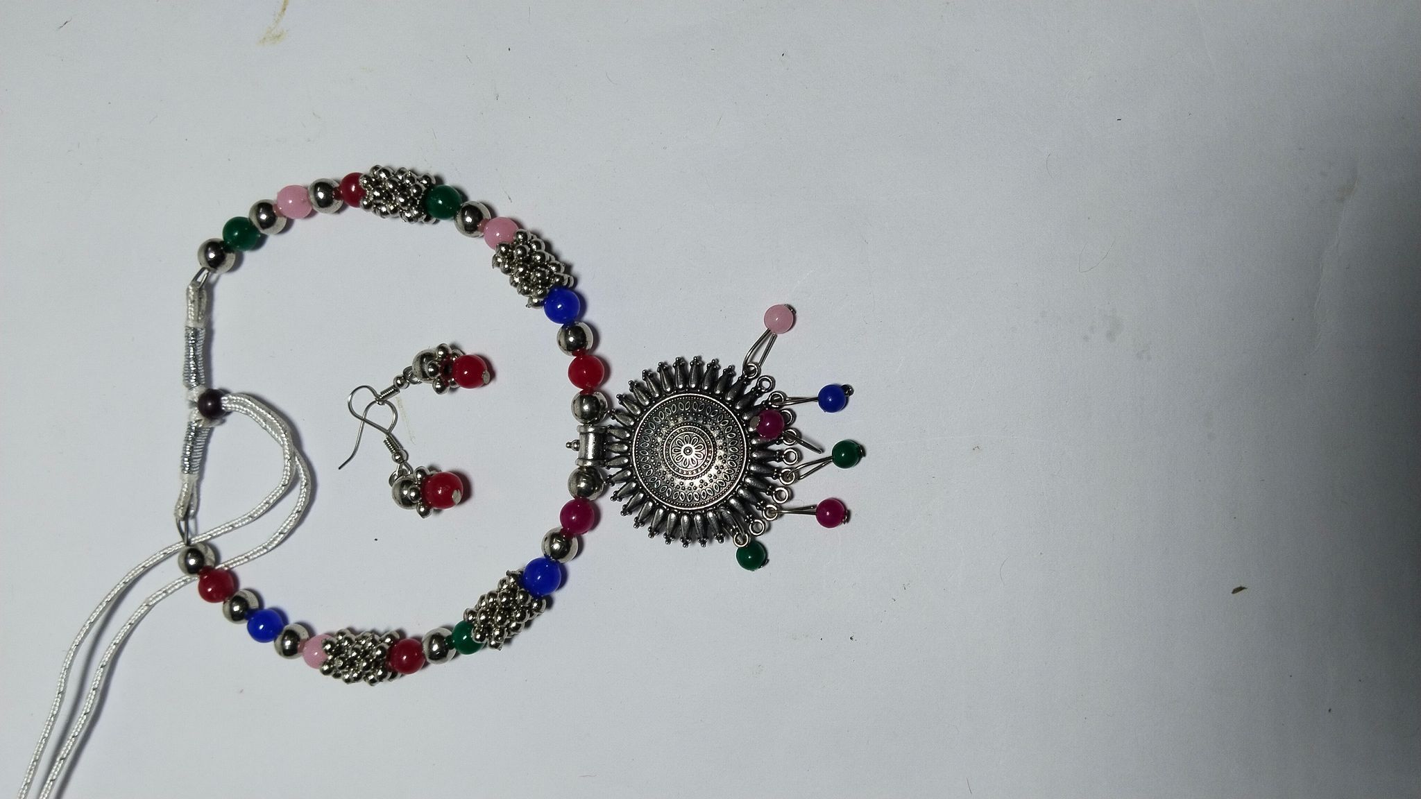 Oxidized Silver Afghani Necklace Set With Beads