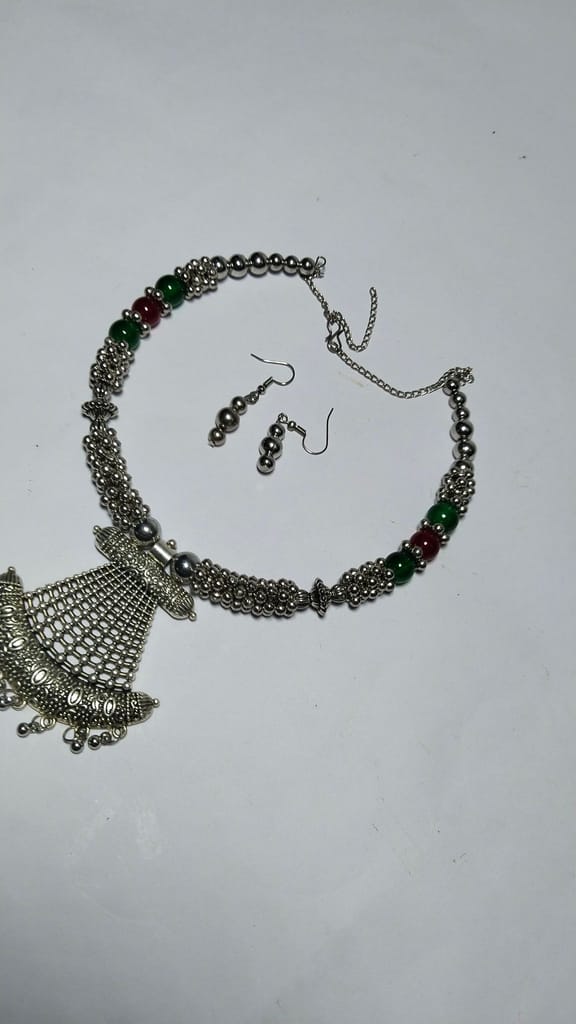 Oxidized German Silver Choker Necklace Set with Green Beads