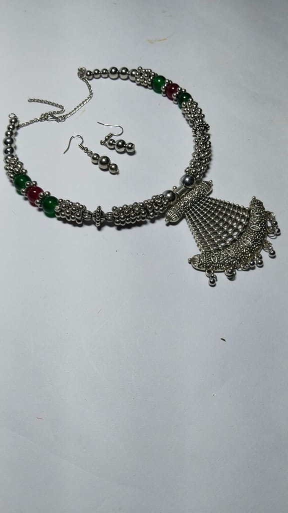 Oxidized German Silver Choker Necklace Set with Green Beads