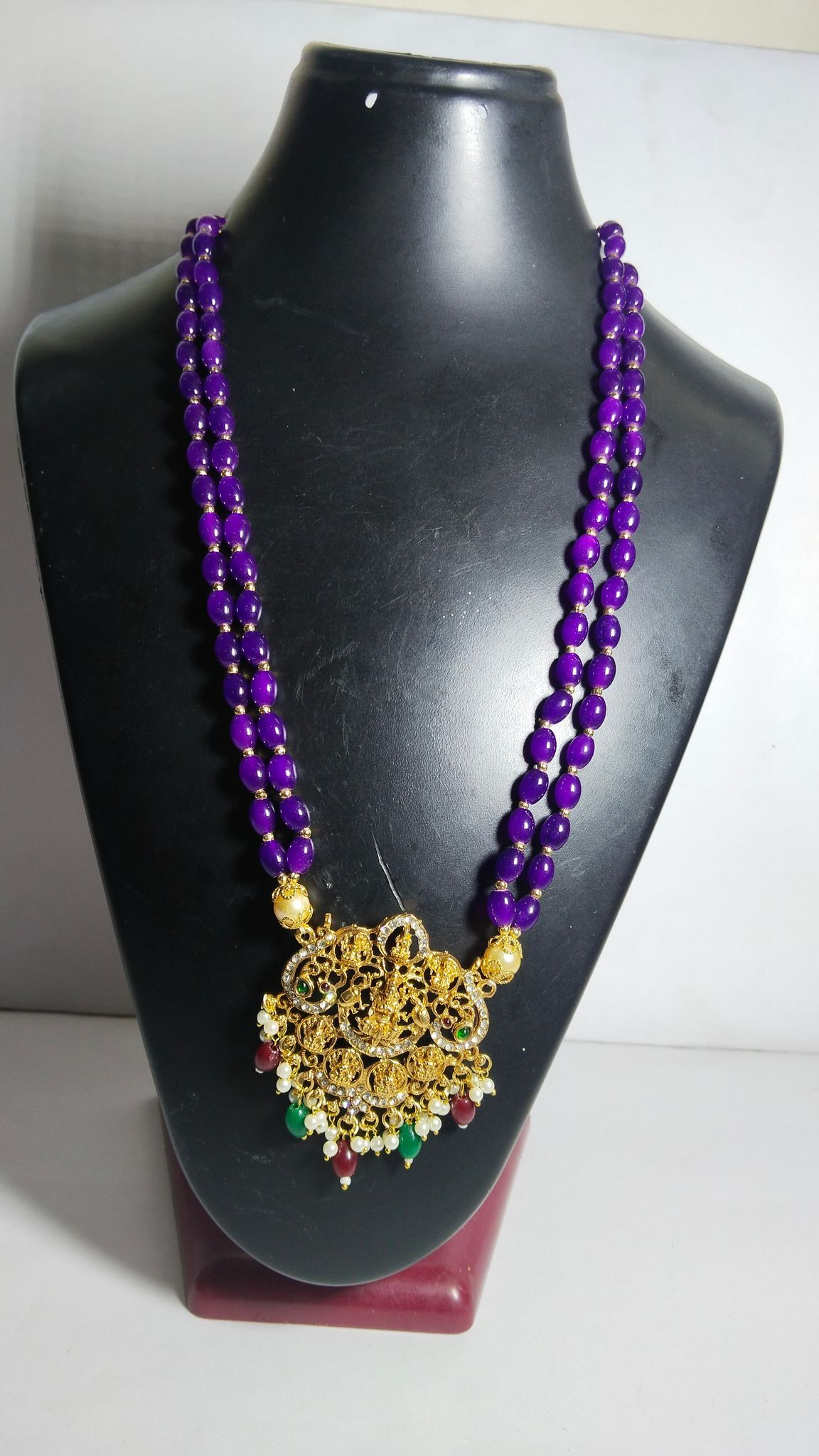 Traditional Indian Gold Plated Temple Pendant Necklace Set with Purple Beads