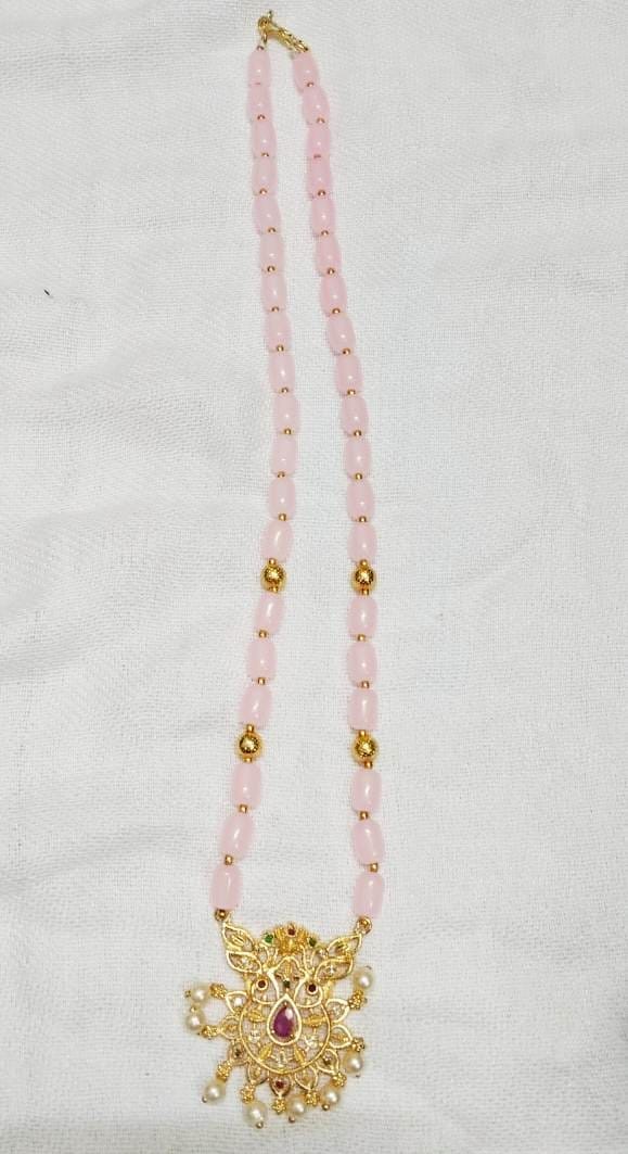 Delicate Pink Beaded Necklace with Gold-Plated Pendant