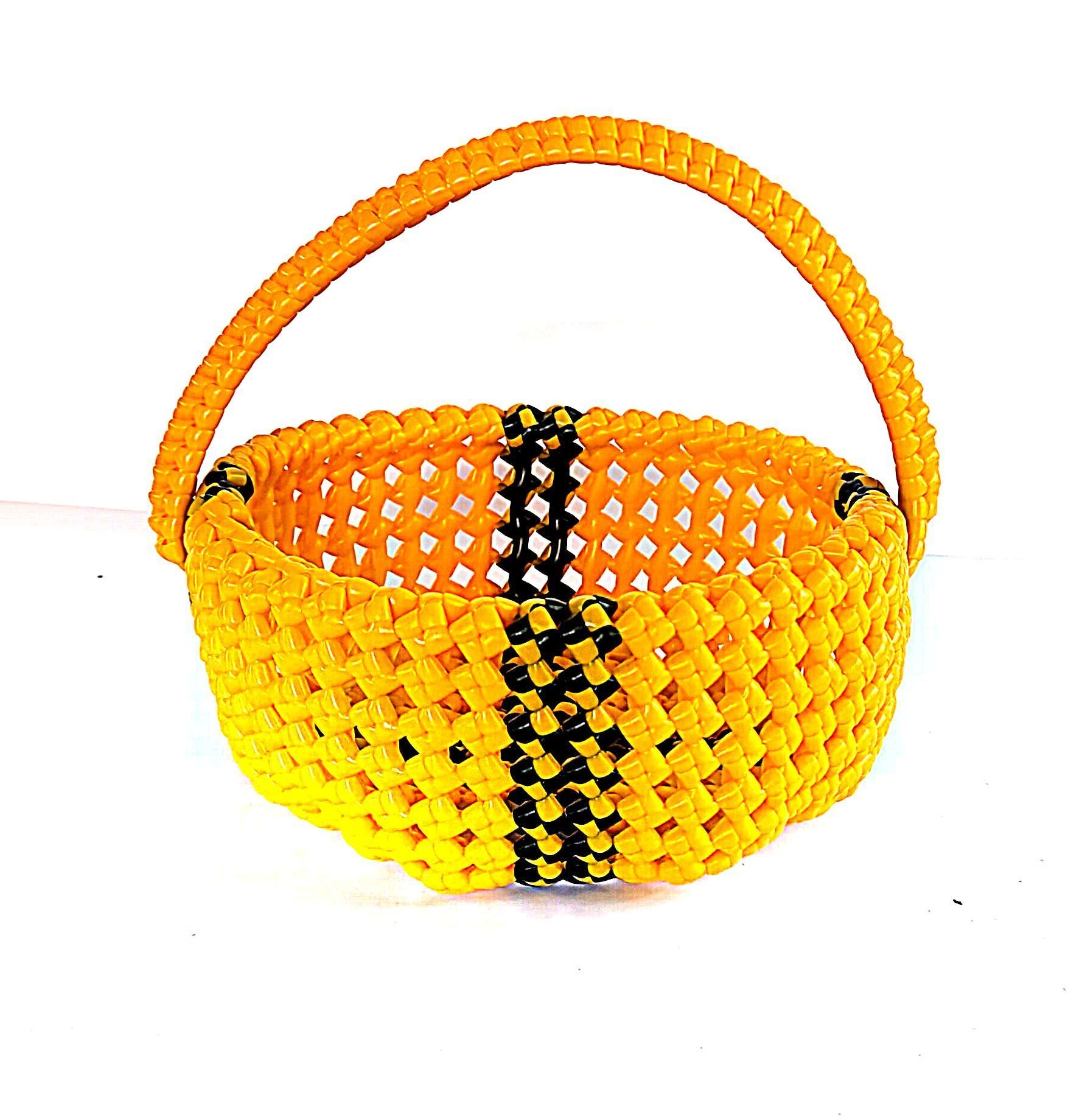 Handwoven temple basket with black accents