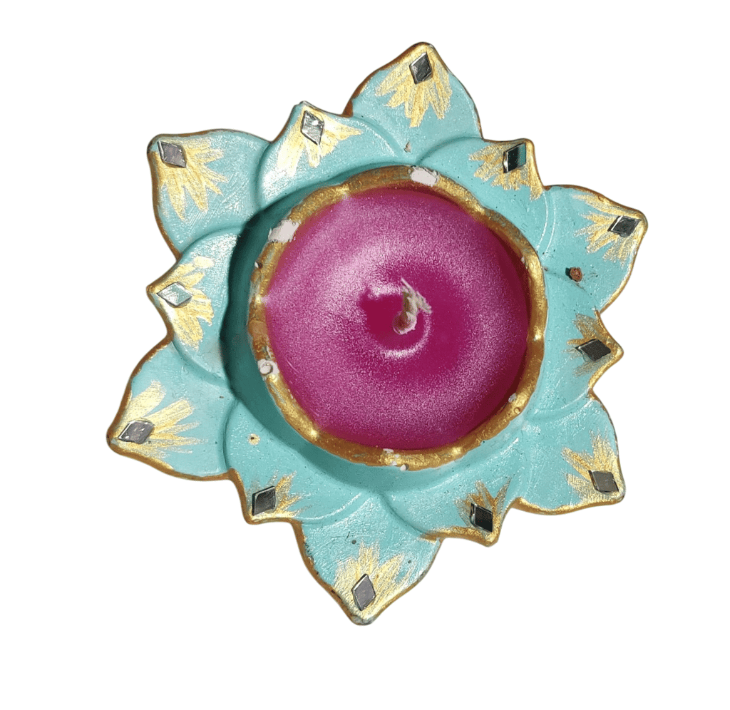 "Exquisite Hand-Painted Lotus Tealight Holder - Green" - Pooja Needs | Buy online on ZillyBuy