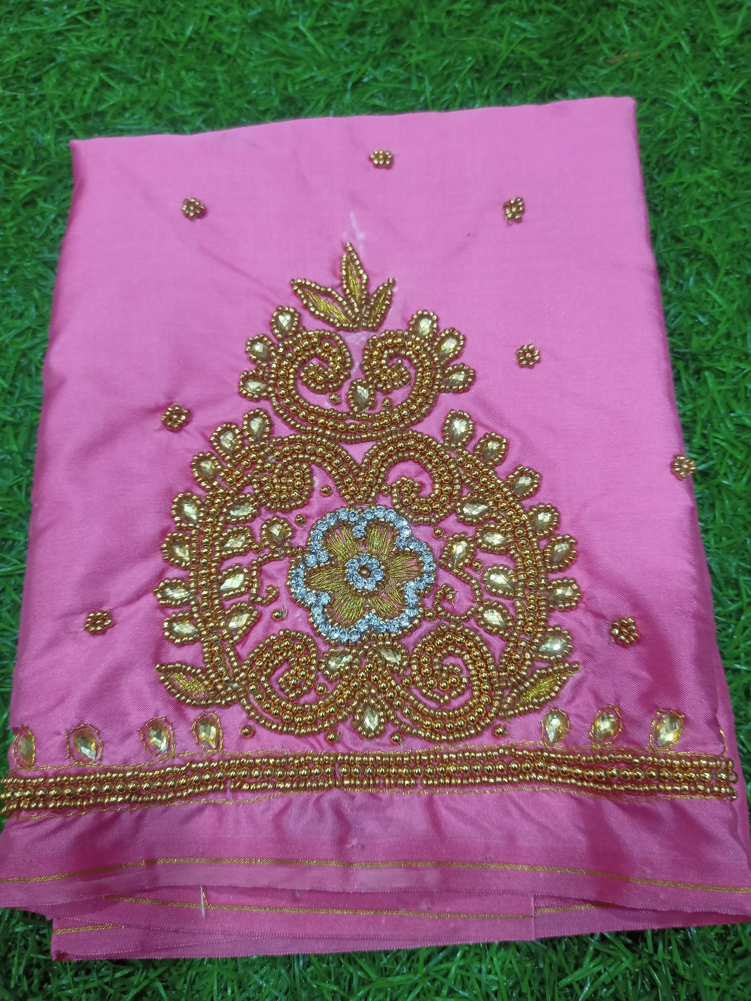 Pink Georgette Saree With Golden Zari And Beads Work