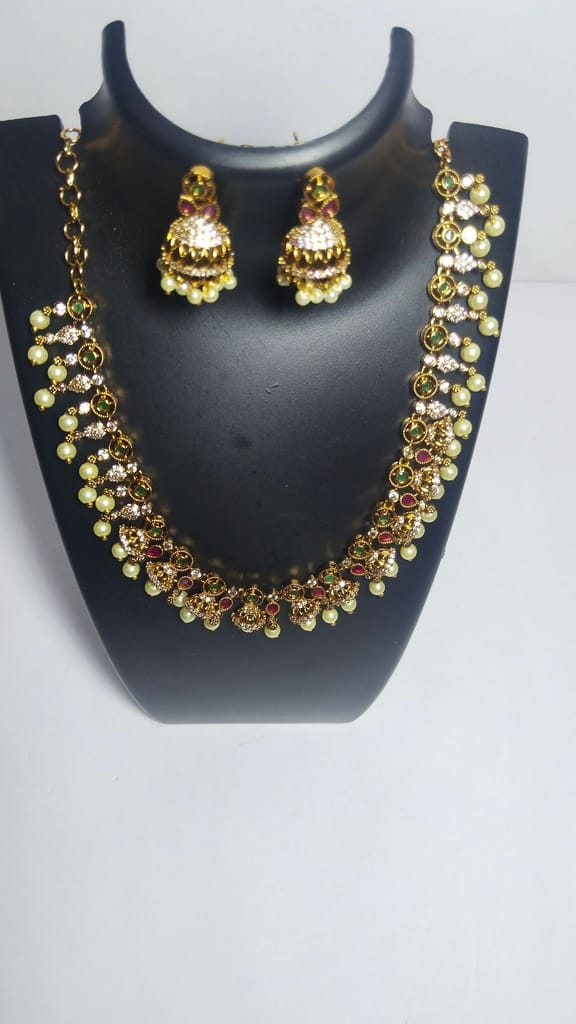 Traditional Indian Gold Plated Kempu Stone Necklace Set With Pearls