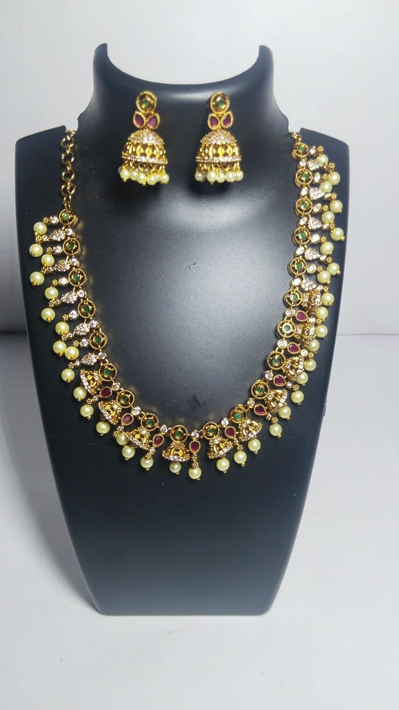 Traditional Indian Gold Plated Kempu Stone Necklace Set With Pearls