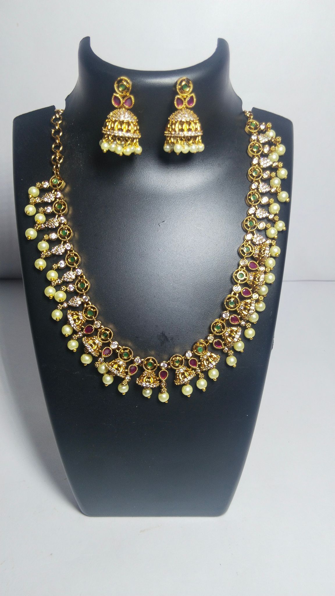 Traditional Indian Gold Plated Kempu Stone Necklace Set With Pearls