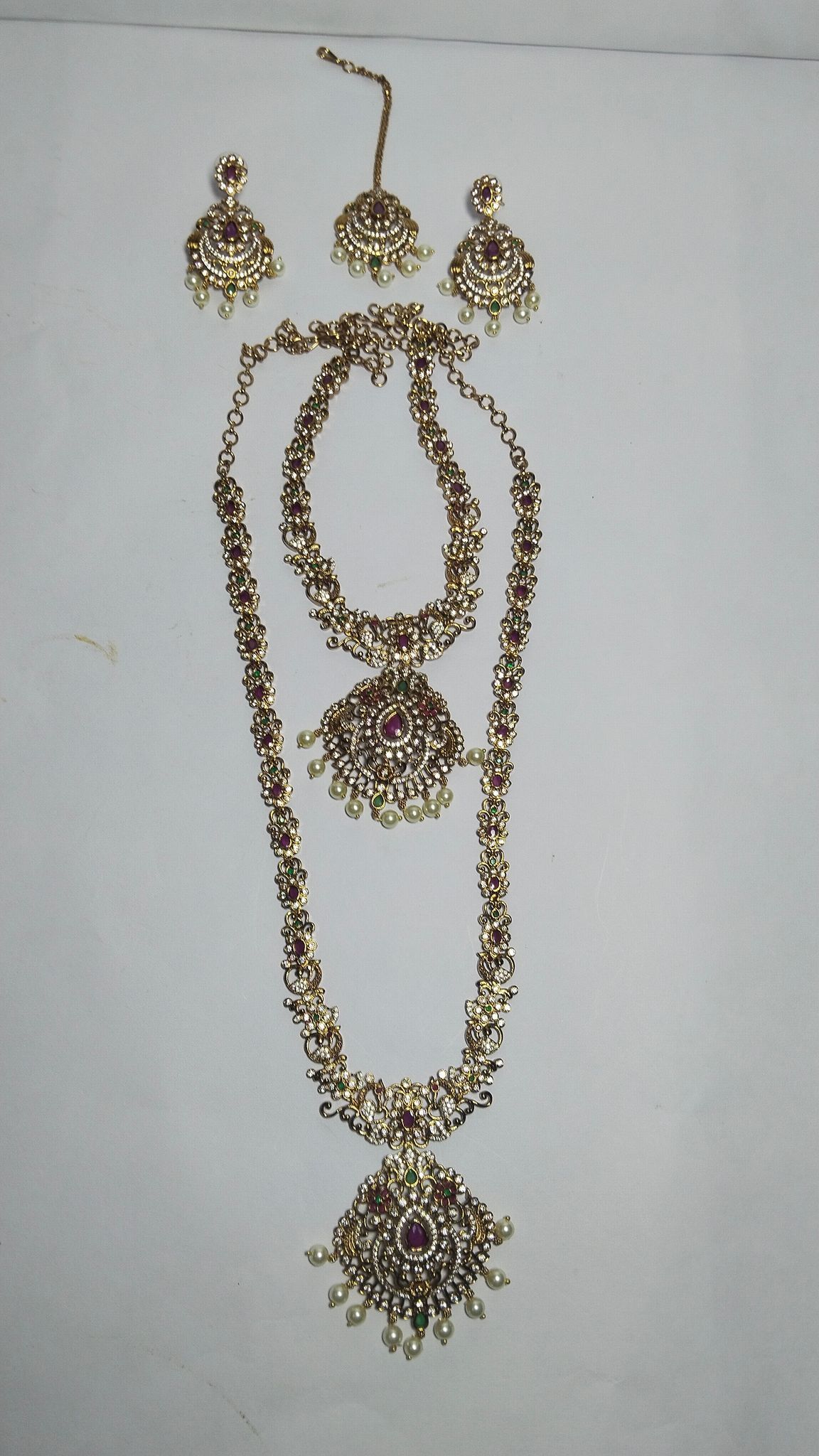 Bridal Gold Plated Haram and Earrings Set with Ruby Stones and Pearls