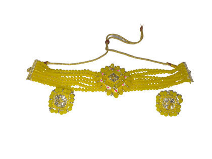 Yellow Beaded Choker Necklace Set with Earrings