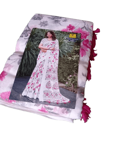 White and Pink Floral Saree with Tassels