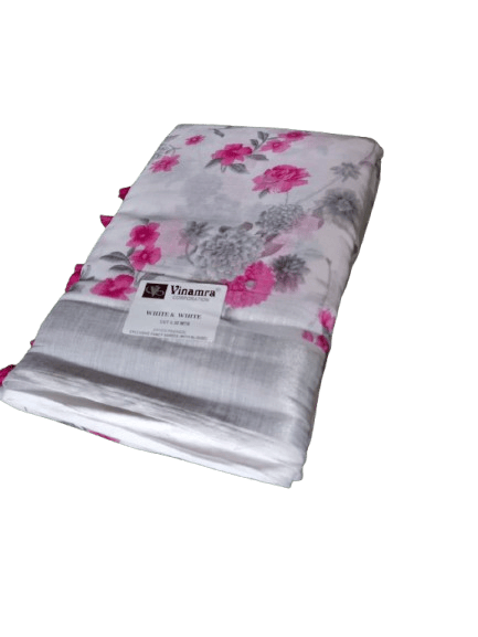 White and Pink Floral Saree with Tassels