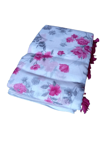 White and Pink Floral Saree with Tassels