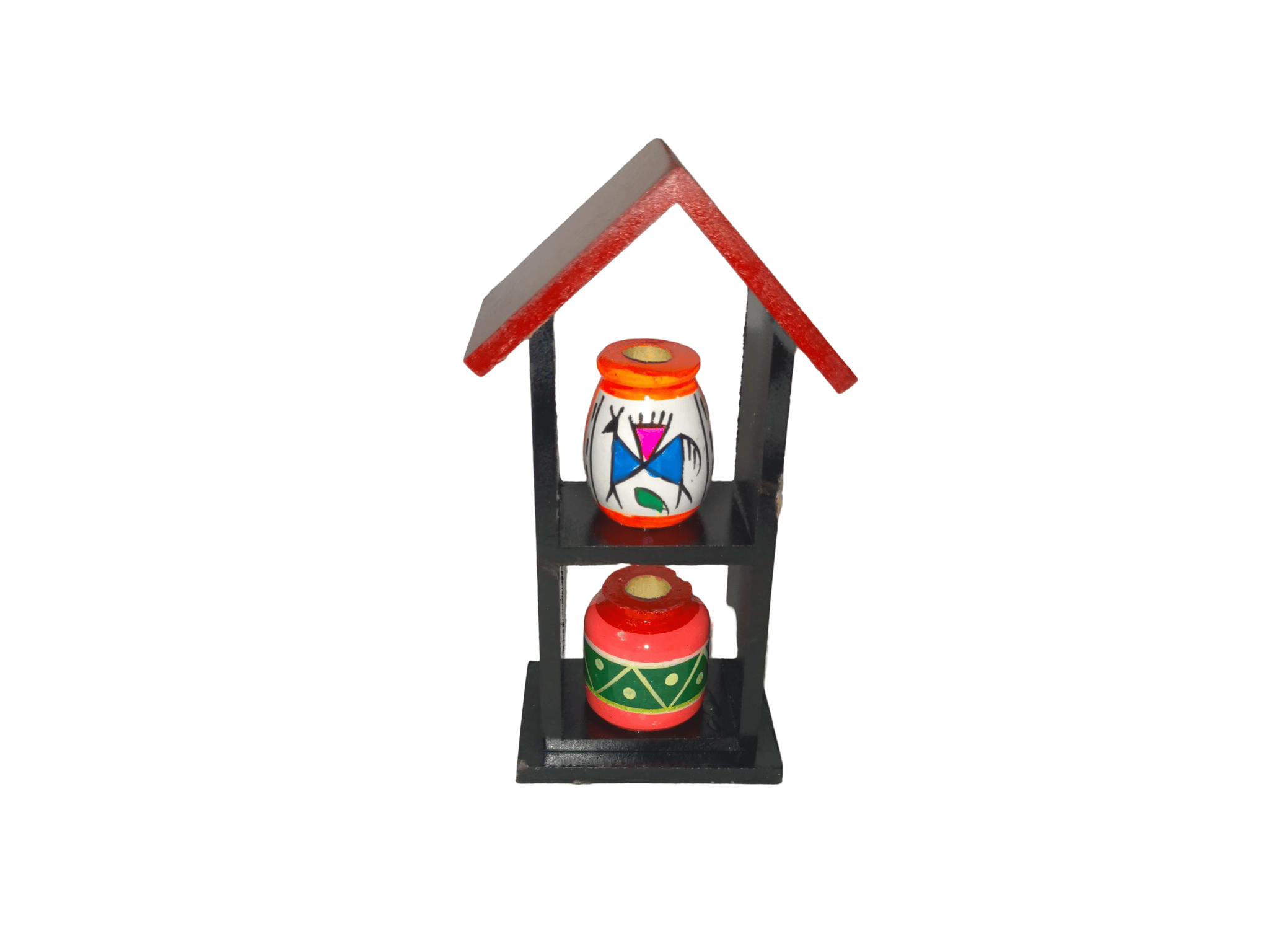 2 Tiered House Shaped Shelf with 2 Hand Painted Vases