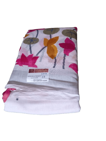 White and Pink Linen cotton Floral Saree