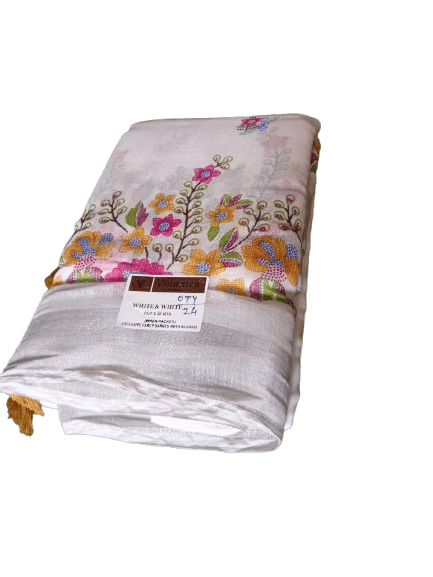 White Floral Saree with Multicolor Border