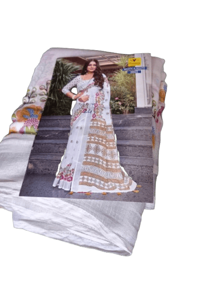 White Floral Saree with Multicolor Border