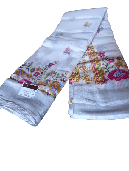 White Floral Saree with Multicolor Border
