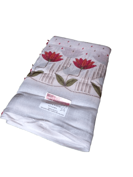 White and Pink Floral Linen cotton Saree with Blouse Piece - Sarees | Buy online on ZillyBuy