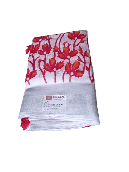 White Floral Printed Linen Saree With Blouse Piece