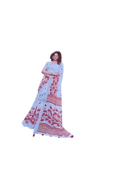 White Floral Printed Linen Saree With Blouse Piece