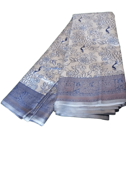 White and Blue Peacock Print Saree