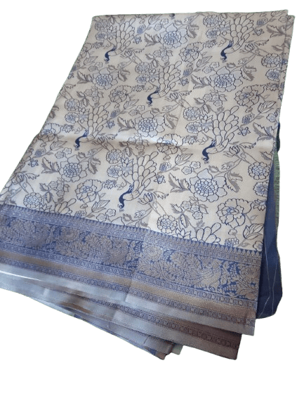 White and Blue Peacock Print Saree