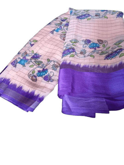 Peach Handloom Pure Linen Saree With Kalamkari Print and Blouse