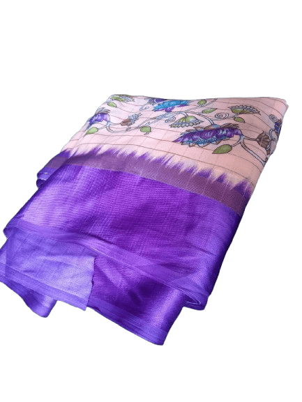 Peach Handloom Pure Linen Saree With Kalamkari Print and Blouse