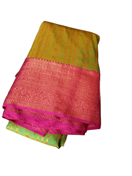 Green and Pink Silk Saree with Golden Zari Border