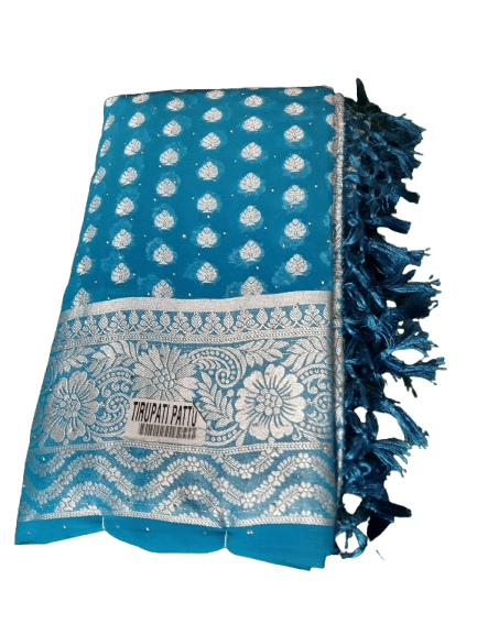 Blue Georgette Saree With Silver Zari Border - Sarees | Buy online on ZillyBuy