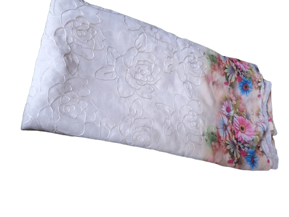 White Chiffon Fabric with Embroidered Roses and Floral Printed Border - Sarees | Buy online on ZillyBuy