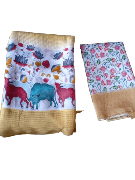A beautiful and elegant cotton silk saree with a blouse piece, featuring intricate floral and animal prints in vibrant colors.