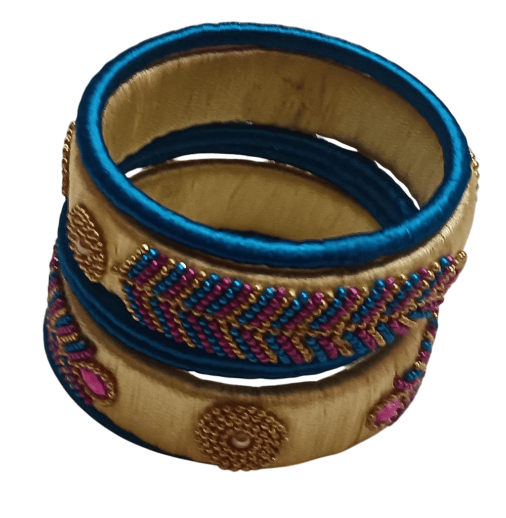 Blue Silk Thread Bangle Set with Stone and Pearl Embellishment - Bangles & Bracelets | Buy online on ZillyBuy
