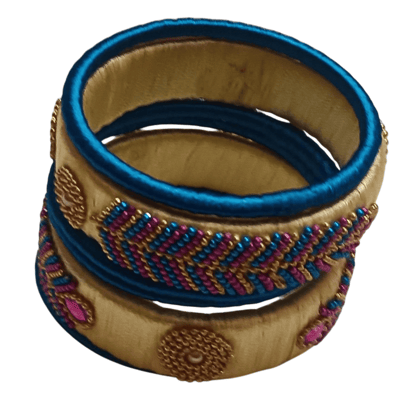 Blue Silk Thread Bangle Set with Stone and Pearl Embellishment