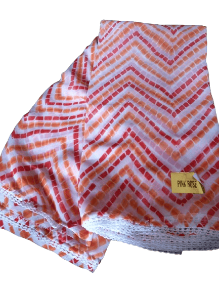 Women's lightweight summer scarf with bright orange and pink geometric pattern and white crochet lace trim - Sarees | Buy online on ZillyBuy