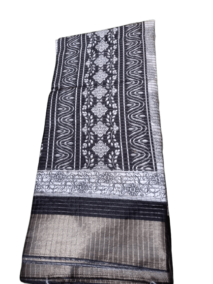 Black and White Ikat Saree with Silver Zari Border - Sarees | Buy online on ZillyBuy