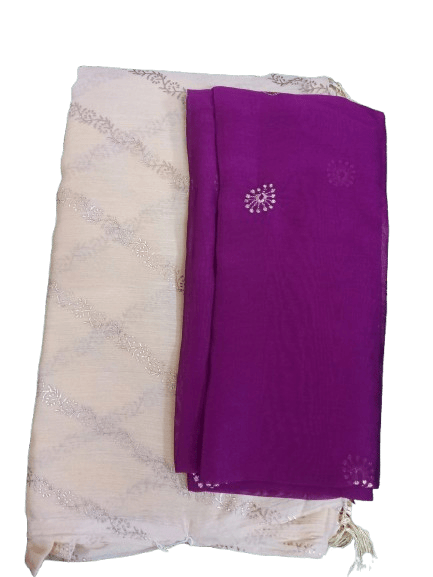 Cream Georgette Embroidered Saree With Purple Blouse
