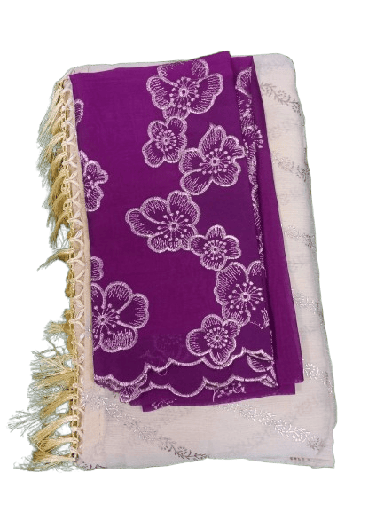 Cream Georgette Embroidered Saree With Purple Blouse