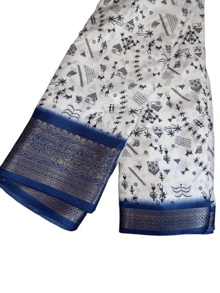 A beautiful handloom cotton saree with Warli hand-painted designs and a contrast blue border.