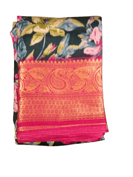 Green Floral Saree With Pink Border - Sarees | Buy online on ZillyBuy
