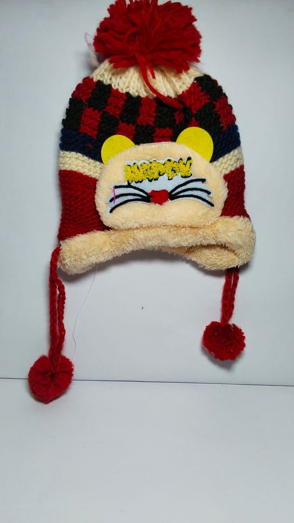 Red and White Winter Hat with Ear Flaps for Kids
