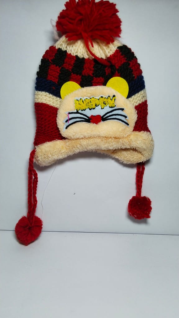 Red and White Winter Hat with Ear Flaps for Kids