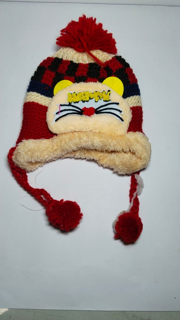 Red and White Winter Hat with Ear Flaps for Kids