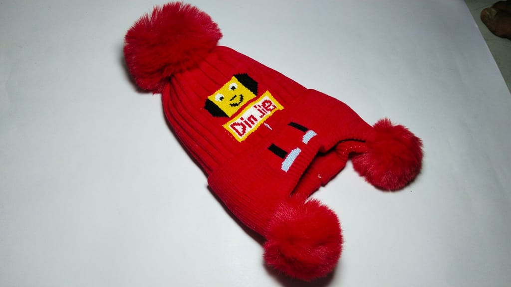 Red Winter Hat with Cute Cartoon Animal Design and Pom Poms