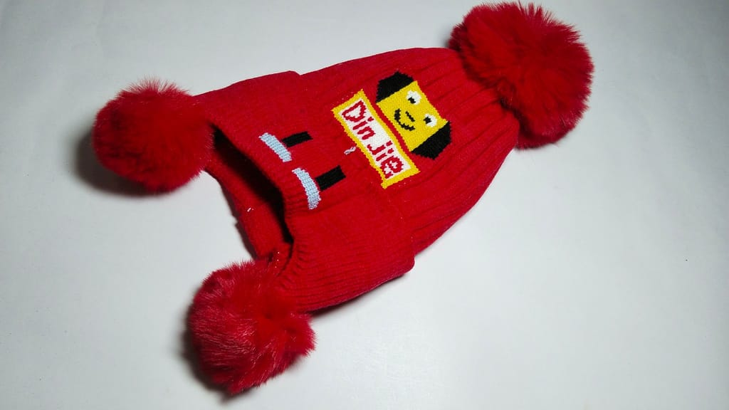 Red Winter Hat with Cute Cartoon Animal Design and Pom Poms