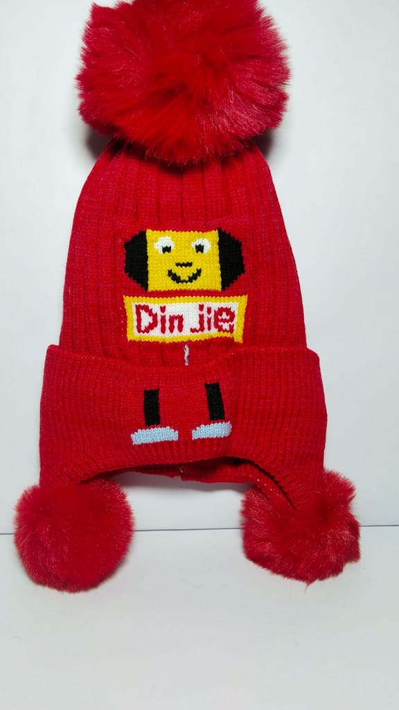 Red Winter Hat with Cute Cartoon Animal Design and Pom Poms